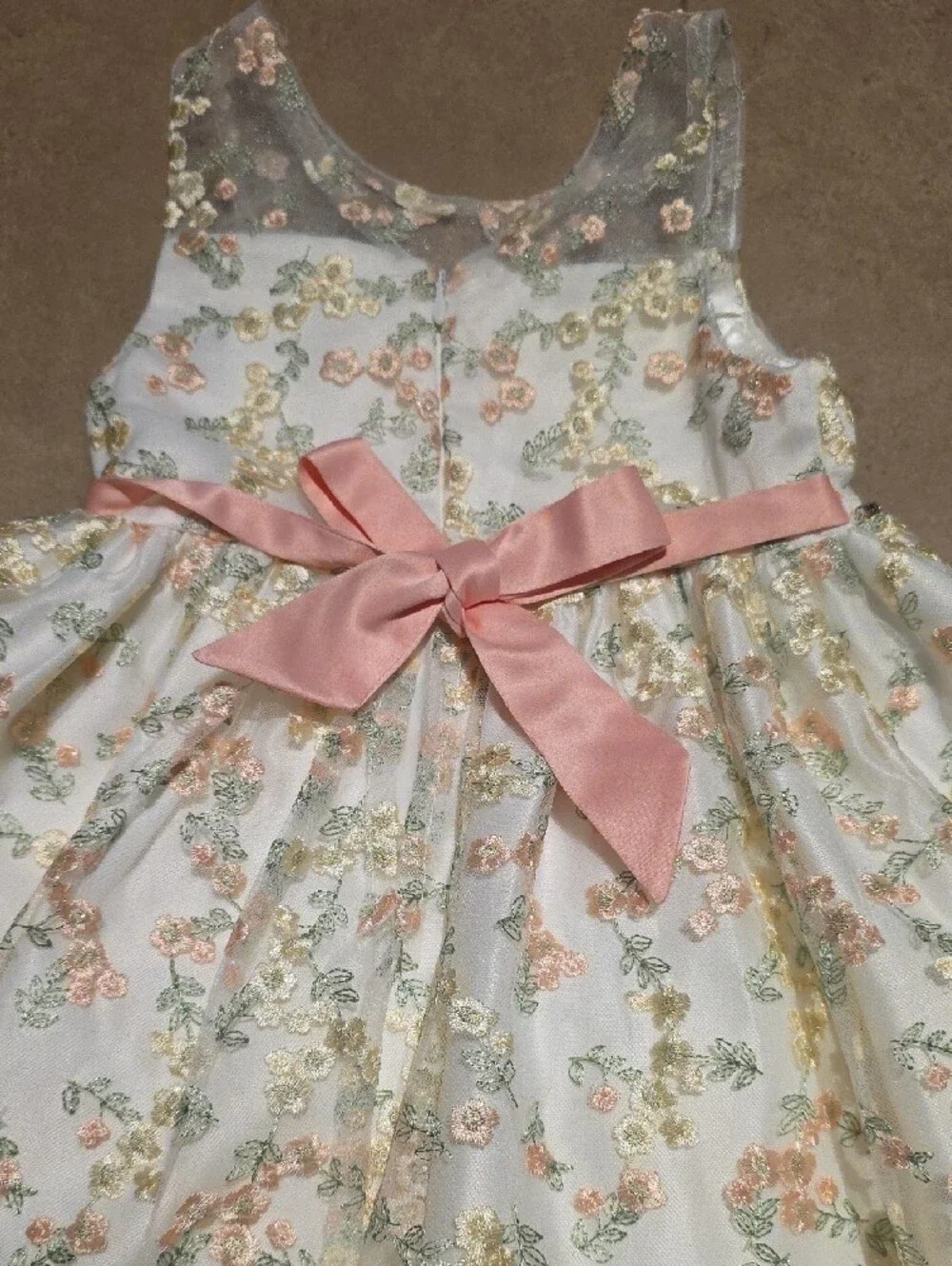 Girls Floral Embroidered Party Dress - White with Pastel Accents. Size 5